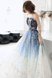 Blue Tulle Gradient Long Formal Gowns, A-Line Strapless Evening Dresses HZ0429