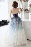 Blue Tulle Gradient Long Formal Gowns, A-Line Strapless Evening Dresses HZ0429