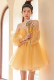 Yellow Tulle Short Prom Dress, A-Line Short Sleeve Party Dress HZ0429
