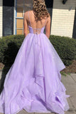 Purple V-Neck Tulle Long Prom Dresses, A-Line Backless Evening Dresses HZ0429