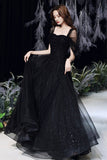Black Tulle Long A-Line Evening Dress, Black Sweetheart Neck Prom Dress HZ0429