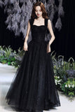 Black Tulle Long A-Line Evening Dress, Black Sweetheart Neck Prom Dress HZ0429