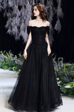 Black Tulle Long A-Line Evening Dress, Black Sweetheart Neck Prom Dress HZ0429