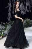 Black Tulle Long A-Line Evening Dress, Black Sweetheart Neck Prom Dress HZ0429