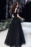 Black Tulle Long A-Line Evening Dress, Black Sweetheart Neck Prom Dress HZ0429