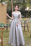 Gray Saitn Lace Long Prom Dress, A-Line Evening Dress HZ0429