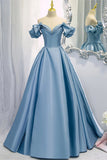 Blue V-Neck Satin Long Prom Dress, Off the Shoulder Evening Dress HZ0429