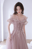 Off the Shoulder Lace Long Prom Dress, Pink A-Line Evening Dress HZ0429