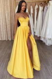 Sweetheart Yellow Satin High Split Formal Dress, A-Line Evening Party Dress HZ0429