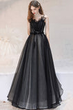 Black Long A-Line Tulle Prom Dress, Lovely Black Evening Dress HZ0429