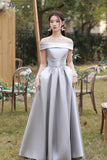Gray Saitn Lace Long Prom Dress, A-Line Evening Dress HZ0429