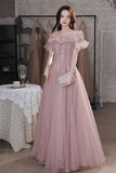 Off the Shoulder Lace Long Prom Dress, Pink A-Line Evening Dress HZ0429
