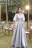 Gray Saitn Lace Long Prom Dress, A-Line Evening Dress HZ0429