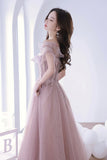 Off the Shoulder Lace Long Prom Dress, Pink A-Line Evening Dress HZ0429