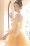 Yellow Tulle Short Prom Dress, A-Line Short Sleeve Party Dress HZ0429