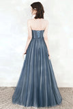 Blue Tulle Strapless Long Prom Dresses, A-Line Formal Evening Dresses HZ0429