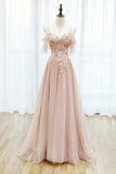Pink Tulle Lace Long A-Line Prom Dress, Spaghetti Strap Formal Evening Dress HZ0429