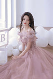 Off the Shoulder Lace Long Prom Dress, Pink A-Line Evening Dress HZ0429