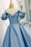 Blue V-Neck Satin Long Prom Dress, Off the Shoulder Evening Dress HZ0429