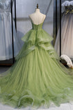 Green Tulle Long Prom Dresses, A-Line Evening Dresses with Train HZ0429