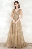 A-Line Tulle Beading Long Prom Dresses, V-Neck Evening Dresses HZ0429
