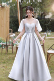 Gray Saitn Lace Long Prom Dress, A-Line Evening Dress HZ0429