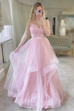 Pink Tulle Long Prom Dresses, Sweet A-Line Evening Dresses HZ0429