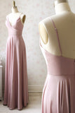 Pink V-Neck Satin Long Prom Dress, A-Line Evening Dress HZ0429