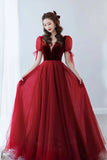 Burgundy Velvet Tulle Long Prom Dress, A-Line Formal Evening Dress HZ0429
