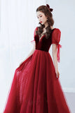 Burgundy Velvet Tulle Long Prom Dress, A-Line Formal Evening Dress HZ0429