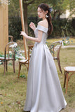 Gray Saitn Lace Long Prom Dress, A-Line Evening Dress HZ0429