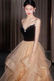 Stylish Velvet Tulle Long Prom Dress, A-Line Evening Dress HZ0429
