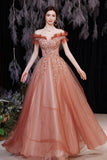 A-Line Tulle Sequins Long Prom Dresses, Off the Shoulder Evening Dresses HZ0429