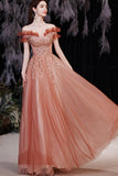 A-Line Tulle Sequins Long Prom Dresses, Off the Shoulder Evening Dresses HZ0429