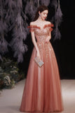 A-Line Tulle Sequins Long Prom Dresses, Off the Shoulder Evening Dresses HZ0429