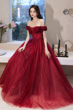 Off the Shoulder Burgundy Long Prom Dresses, A-Line Evening Dresses HZ0429