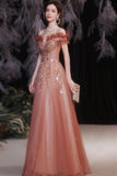 A-Line Tulle Sequins Long Prom Dresses, Off the Shoulder Evening Dresses HZ0429