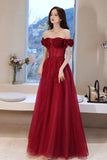 Off the Shoulder Burgundy Long Prom Dresses, A-Line Evening Dresses HZ0429