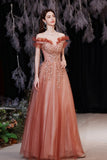 A-Line Tulle Sequins Long Prom Dresses, Off the Shoulder Evening Dresses HZ0429
