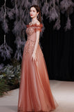 A-Line Tulle Sequins Long Prom Dresses, Off the Shoulder Evening Dresses HZ0429