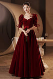Burgundy Velvet Long Prom Dresses, A-Line Evening Dresses HZ0429