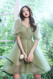 Green Tulle Short Prom Dress, Green A-Line Short Sleeve Party Dress HZ0429