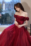 Off the Shoulder Burgundy Long Prom Dresses, A-Line Evening Dresses HZ0429