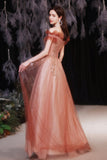 A-Line Tulle Sequins Long Prom Dresses, Off the Shoulder Evening Dresses HZ0429