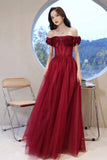 Off the Shoulder Burgundy Long Prom Dresses, A-Line Evening Dresses HZ0429