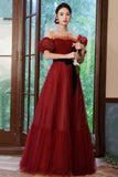 Burgundy Tulle Off the Shoulder Prom Dress, A-Line Evening Party Dress HZ0429