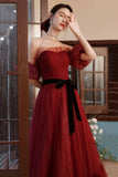 Burgundy Tulle Off the Shoulder Prom Dress, A-Line Evening Party Dress HZ0429