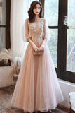 Pink Tulle Lace Long Prom Dresses, A-Line Long Sleeve Evening Dresses HZ0429