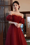 Burgundy Tulle Off the Shoulder Prom Dress, A-Line Evening Party Dress HZ0429