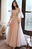 Pink Tulle Lace Long Prom Dresses, A-Line Long Sleeve Evening Dresses HZ0429